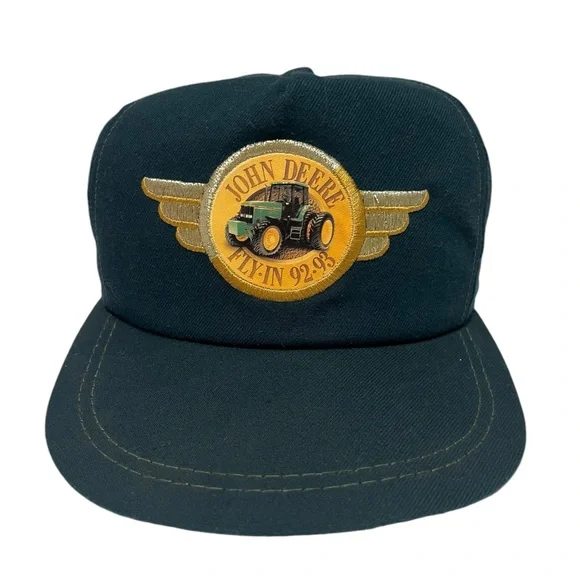Vintage JOHN DEERE FLY-IN 92-93 Farmer Trucker Hat Cap golden wing Leather Strap - Picture 8 of 12
